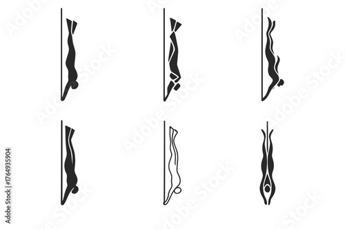 Freediving Logo Variations. Freediving. Set Logo of Freediving: diver along descent line. harmonious logo variations of the same emblematic concept, each with