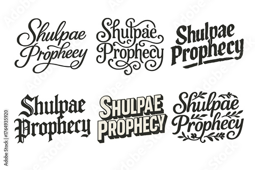 Creative Lettering Variations. Shulpae Prophecy. Set lettering. harmonious lettering variations of the same emblematic concept, each with different artistic