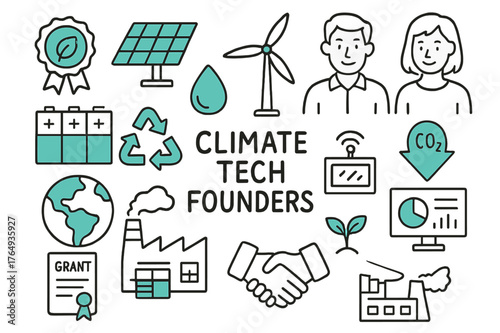 Climate Tech Founders Icons. // Climate tech founders. Hand-drawn doodle illustration Climate tech founders [leaf badge (accented), solar panel (accented),