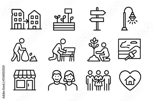 Neighborhood Revitalization Icons. Neighborhood Revitalization. Line icon set of Neighborhood Revitalization: before after buildings, community garden,
