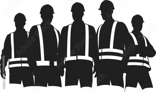 Construction workers silhouette, safety gear, teamwork, hard hats, industrial labor, high visibility vest, job site, infrastructure, occupational safety, black background