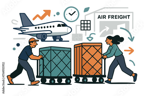 Efficient Cargo Movement. Air freight terminals. Workers moving cargo containers on trolleys; floating abstract arrows and icons convey efficiency