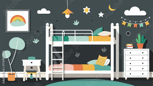 A childrens bedroom with white bunk beds a chalkboard wall and a playful mix of industrial and Scandinavian decor.