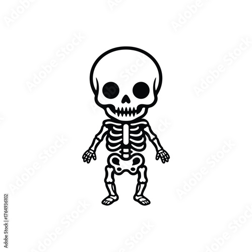 cartoon human skeleton illustration with exaggerated skull and simplified bones.eps