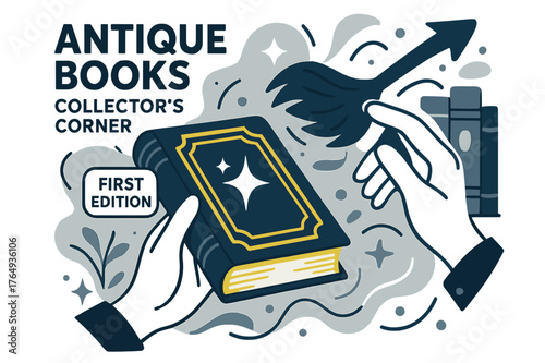Antique Book Showcase. Antique Books ? Collector?s Corner. Elegant hands dust off a gilded volume; subtle spark of reflection gleams from cover. Tag ?first