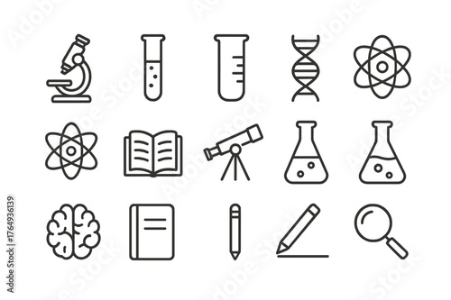 Laboratory Study Icons. Laboratory study. Line icon set of laboratory study: microscope, test tube, beaker, DNA strand, atom, open book, telescope, chemical