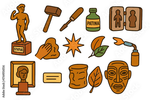 Bronze Sculptures Doodle. Bronze sculptures. Colorful Hand-drawn doodle Children illustration Bronze sculptures statue, artist hammer, chisel, base pedestal,