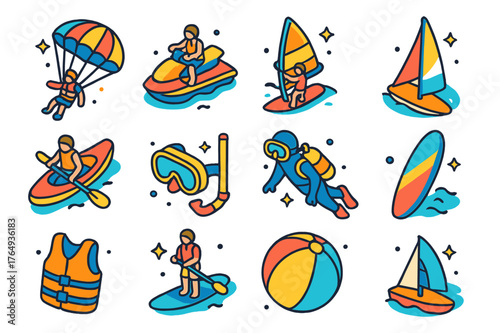 Adventure Sports Icons. Adventure sports. Colorful isometric vector icons set of adventure sports: parasailing, jet ski, canoe, windsurfing, snorkeling,