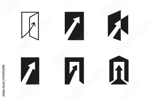 Diverse Opportunity Logos. Creating opportunities. Set Logo of Creating opportunities: open doorway with rising arrow. harmonious logo variations of the same