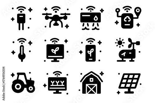 Smart Farming Icons. Smart Farming Devices. Solid icons set of Smart Farming Devices: soil sensor, drone, irrigation controller, GPS device, temperature