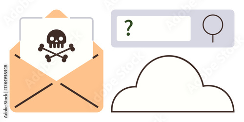 Open envelope with malware warning, search query with question mark, and cloud icon. Ideal for cybersecurity, email risk, data safety, malware, online scam, cloud threats simple flat metaphor
