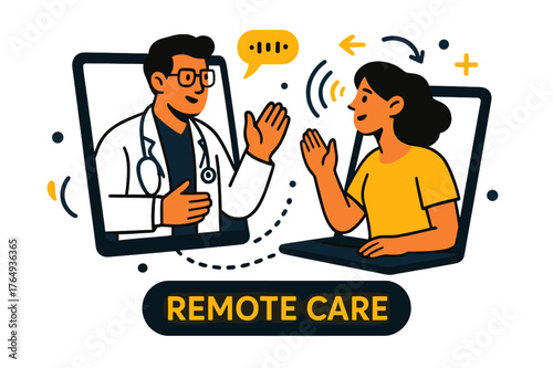 Telemedicine Connection. Healthcare Tech ? Telemedicine. A doctor and patient appear on two screens joined by dotted connection lines; speech bubbles pulse
