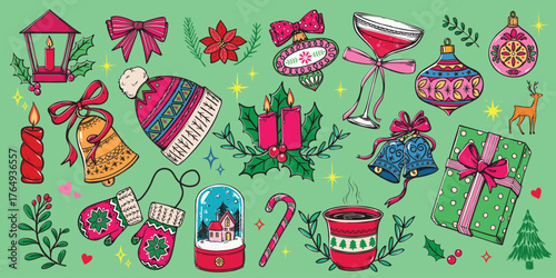 set of Christmas hand drawn stickers illustrations, colorful outlined doodles of winter holiday elements, candles, holly berries, jingle bells with ribbons, gift , decoration ornaments, mittens .. ect