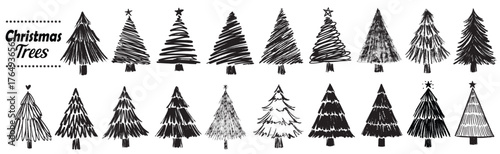 Christmas trees hand drawn doodle and scribble and line silhouette vector illustrations. sketch style tree collection isolated on a white background.