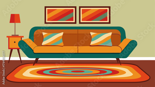 A brightly colored rug p under a lowslung sofa adding a pop of 70s nostalgia to a modern living room.