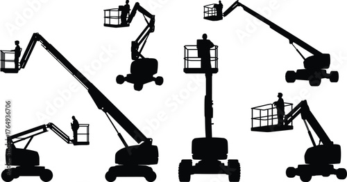 Boom lift silhouettes, aerial work platforms, construction workers at height, industrial equipment, safety gear, elevated maintenance, urban infrastructure, machinery in action