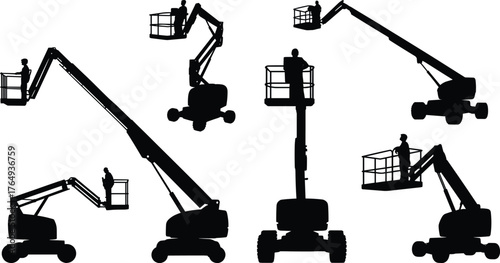 Boom lift silhouettes, cherry picker machines, aerial work platforms, construction workers, industrial equipment, high reach, maintenance, elevation, safety gear, outdoors
