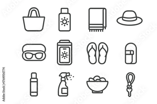 Poolside Icons Set. Poolside Essentials. Line icon set of Poolside Essentials: tote bag, sunscreen, water bottle, beach towel, sunglasses case, phone in pouch,