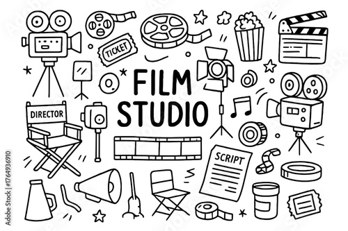 Film Studio Icons. Film Studio. Hand-drawn doodle illustration Film Studio camera, film reel, movie tape, clapperboard, director?s chair, projector, spotlight,
