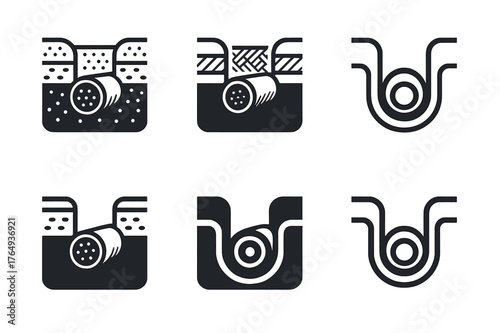 Drainage Pipe Logos. Drainage pipes in trench. Set Logo of Drainage pipes in trench: cross-section of trench with pipe, compacted layers, and geotextile wrap.