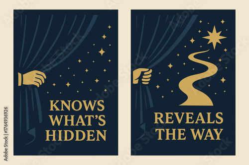 Navy and Gold Banners. Hidden and Known. Two vertical A6 banners with safe margins, centered composition, no elements touching edges, bold, navy and gold, veil