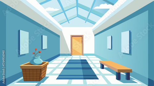 A bright and airy hallway with a skylight white walls and a bench with woven storage baskets.