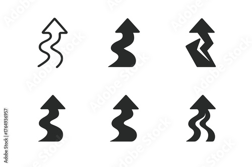 Motivational Logo Variations. Stream of motivation. Set Logo of Stream of motivation: a flowing river forming an upward arrow. harmonious logo variations of