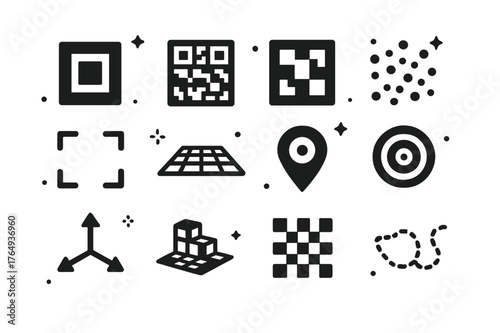 Augmented Reality Icons. augmented reality markers and tracking. Solid icons set of augmented reality markers and tracking: fiducial marker, QR code, ArUco