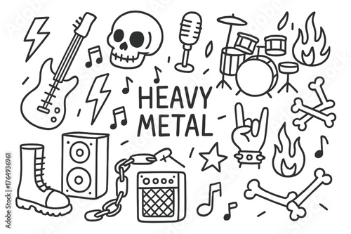 Heavy Metal Icons. Heavy metal music. Hand-drawn doodle illustration heavy metal music electric guitar, skull, lightning bolt, amplifier, speaker, drum set,