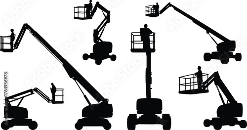 Boom lift silhouettes, aerial work platforms, construction equipment, high access machinery, industrial maintenance, workers at height, cherry picker operations, safety gear