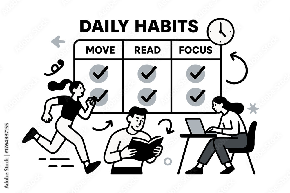 Obraz premium Daily Habit Tracker. Vision Board ? Daily Habits. A neat habit grid with checkmarks gliding across; labels ?Move, Read, Focus?. A minimal clock and arrow loop
