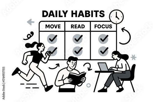 Daily Habit Tracker. Vision Board ? Daily Habits. A neat habit grid with checkmarks gliding across; labels ?Move, Read, Focus?. A minimal clock and arrow loop