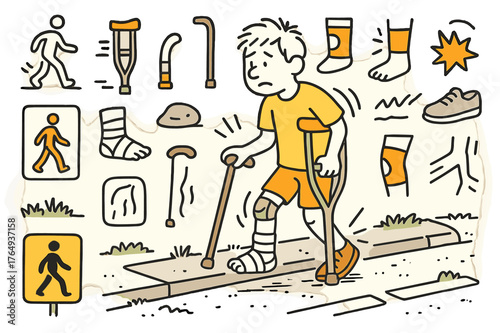 Injured Walk Animation. Hobbled step. Hand-drawn doodle illustration person walking (colored), uneven stride (colored), crutch (colored), cane (colored),
