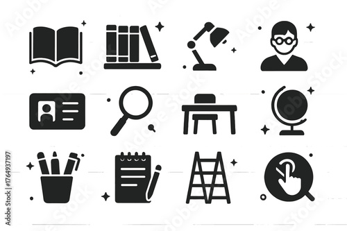 Library Icon Set. Reading at the Library. Solid icons set of Reading at the Library: open book, library shelf, desk lamp, librarian, library card, magnifying