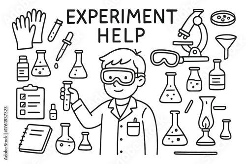Scientific Experiment Tools. Experiment Help. Hand-drawn doodle illustration Experiment Help person holding test tube, pipette, microscope, gloves, lab coat,