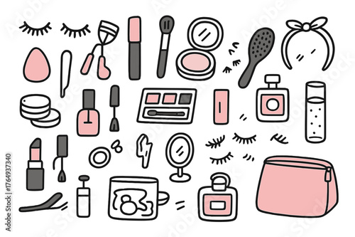 Colorful Beauty Essentials. Beauty routine. Hand-drawn doodle illustration false eyelashes (colored), eyelash curler (colored), mascara tube (colored), makeup
