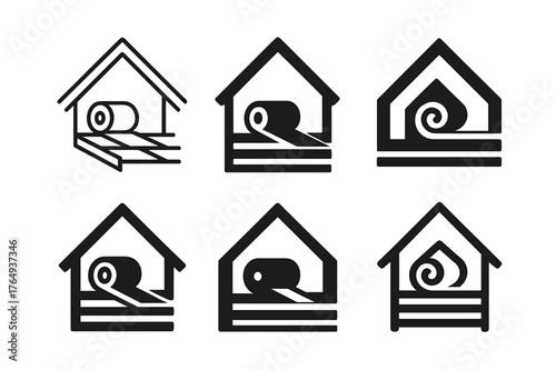 Attic Insulation Logos. Adding insulation to the attic. Set Logo of Adding insulation to the attic: fiberglass roll between joists. harmonious logo variations