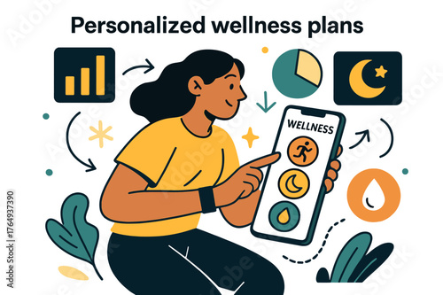 Wellness Journey Tracker. Personalized wellness plans. Person using mobile app to track fitness, sleep, and hydration; abstract floating charts, icons, and