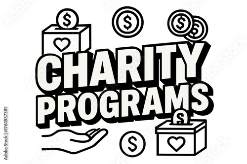Charity Programs Icons. Bold Block Lettering ? "Charity Programs" in massive bold geometric letters, stacked block composition, heavy outlines with subtle drop