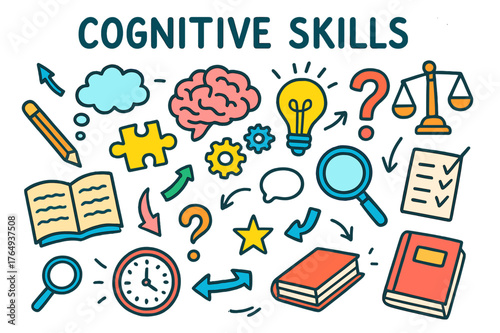 Cognitive Skills Doodle. cognitive skills. Colorful Hand-drawn doodle Children illustration cognitive skills brain, lightbulb, puzzle pieces, question mark,