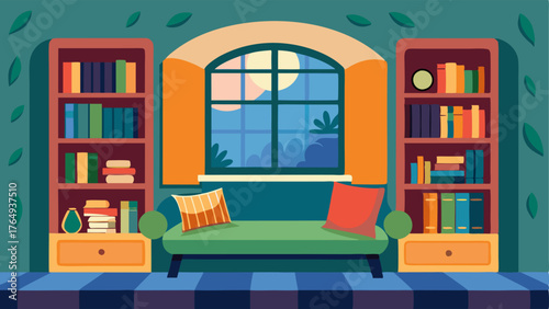 A cozy reading nook with a window seat and bookshelves