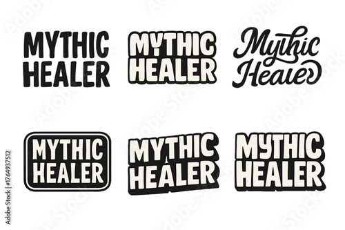 Mythic Healer Lettering. Mythic Healer. Set lettering. harmonious lettering variations of the same emblematic concept (Grunge textured brush lettering, Rounded