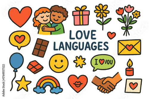 Love Language Doodles. love languages. Colorful Hand-drawn doodle Children illustration love languages heart, hug, gift, flowers, chocolate, kiss, note,
