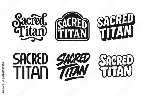 Diverse Lettering Styles. Sacred Titan. Set lettering. harmonious lettering variations of the same emblematic concept (Whimsical curly type with flourishes,