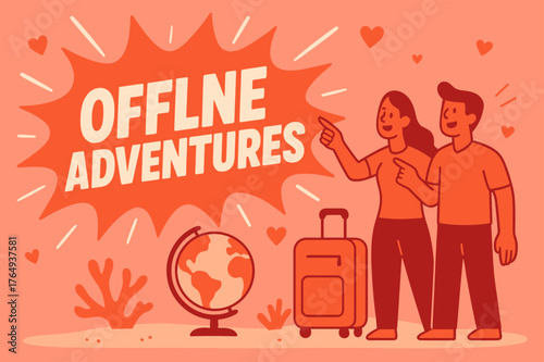 Explore Offline Adventures. Offline adventures banner, flat vector illustration, bold oversized text inside splash explosion, cartoon characters standing and