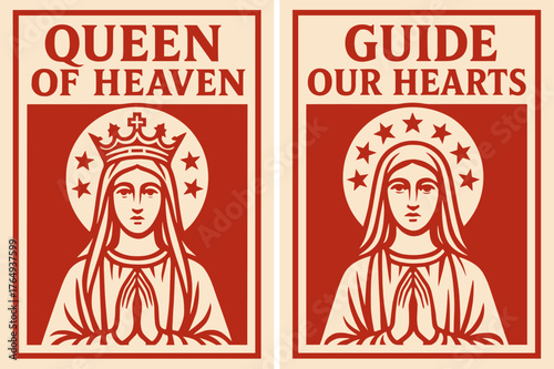 Heavenly Queen Banner. Queen of Heaven. Two vertical A6 banners with safe margins, centered composition, no elements touching edges, bold, red and beige,