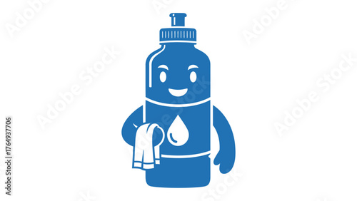Hydration Hero: An animated water bottle character with a friendly face, cheerfully holding a towel, embodies the importance of staying hydrated and active.