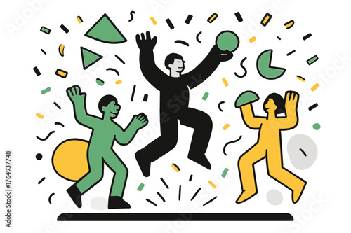 Colorful Confetti Celebration. Confetti Explosion. Colorful confetti raining over a stage with floating abstract geometric shapes and soft highlights, festive