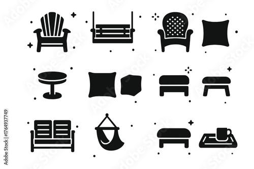 Porch Seating Icons. Porch Seating. Solid icons set of Porch Seating: adirondack chair, porch swing, wicker chair, side table, cushion, throw pillow,