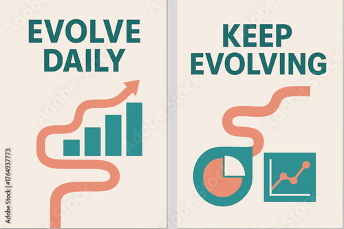 Evolve Daily Banners. Evolve daily. Two vertical A6 banners with safe margins, centered composition, no elements touching edges, modern, turquoise and coral,